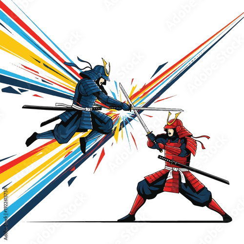 Dynamic duel between armored samurai and red clad warrior amid vibrant energy streaks.