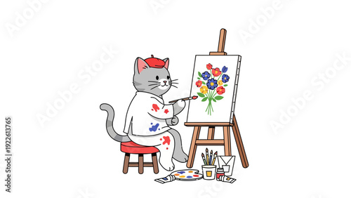 A gray cat artist in a smock and beret paints a bouquet on an easel
