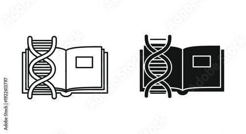Genetics education and biotechnology research icons featuring an open book with a DNA double helix symbol in outline and solid styles for scientific learning and genomic studies.