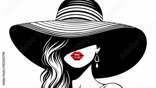 A minimalist vector illustration of a stylish woman with a wide-brimmed striped hat and red lips in bold black and white design