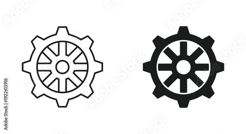 Minimalist gear and cogwheel icons in outline and solid black styles for industrial engineering, mechanical process, and software settings interface design