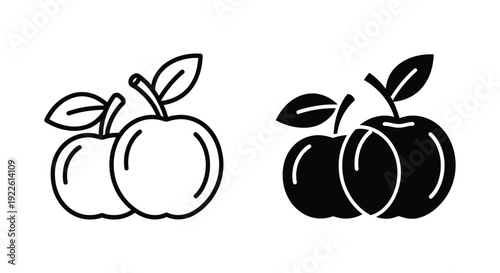 Minimalist apple vector icons in outline and solid silhouette styles for nutrition apps, grocery branding, and healthy lifestyle educational materials.
