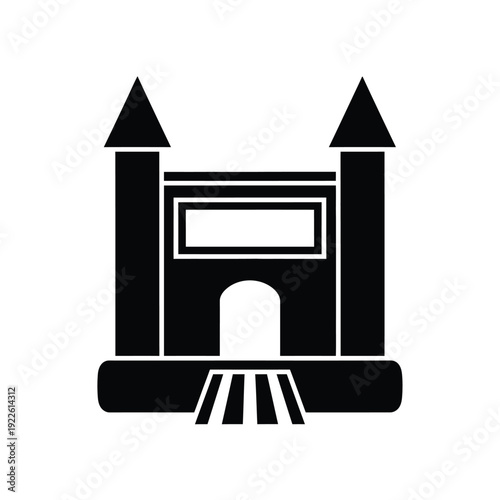 Vector illustration icon black and white illustration of a bouncy castle with towers and entrance