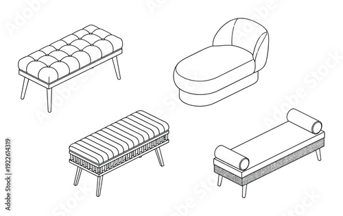 Isometric furniture set illustration. Includes benches and chaise lounge.