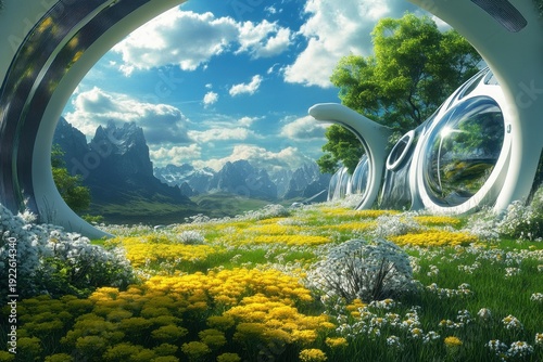Futuristic landscape with modern architecture and vibrant flowers under a clear sky