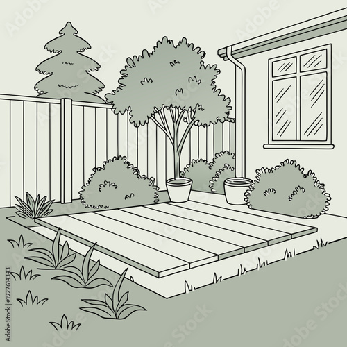 Backyard Patio Deck and Garden Scene Illustration