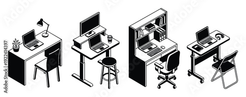 Isometric home office setups, desk, chair, laptop, monitor, lamp and accessories