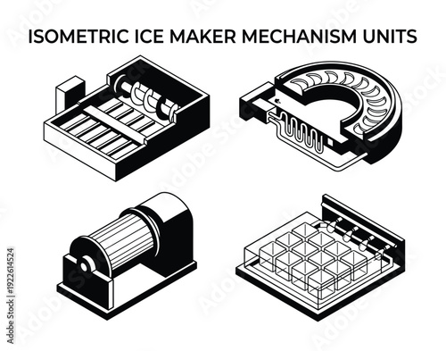 Isometric ice maker mechanism units illustration in black and white diagram