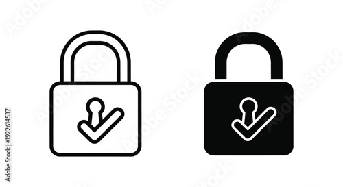 Minimalist black and white padlock icons with checkmark symbols representing secure access, verified protection, and successful data encryption for digital security interfaces.