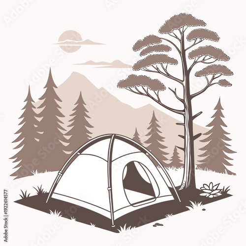 Camp Tent Under Tree in Mountains - Serene Outdoor Adventure