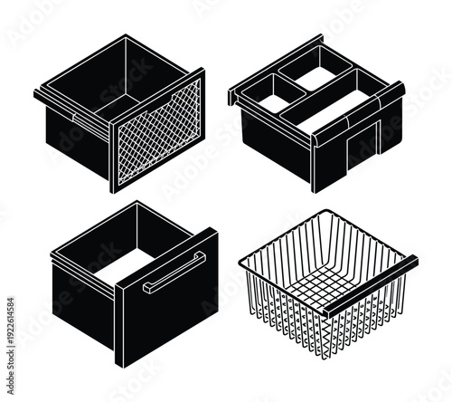 Isometric kitchen drawers organizers collection design