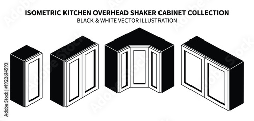 Isometric Kitchen Overhead Shaker Cabinet Collection Black and White Illustration
