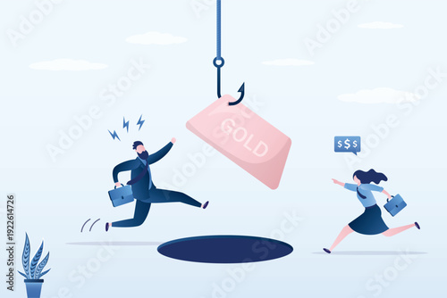 Business people running to find precious metals. Gold over pit hole, business trap and finance crisis. Danger or business accident, loss or pitfall. Risk and money management.