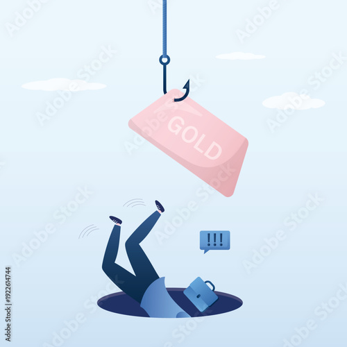 Gold bar bait with pit hole, trap. Businesswoman fall down into hole, failure, mistake causing troubles, problem with precious metals or high risk.