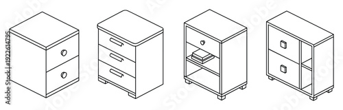 Isometric nightstands with drawers and shelves illustration