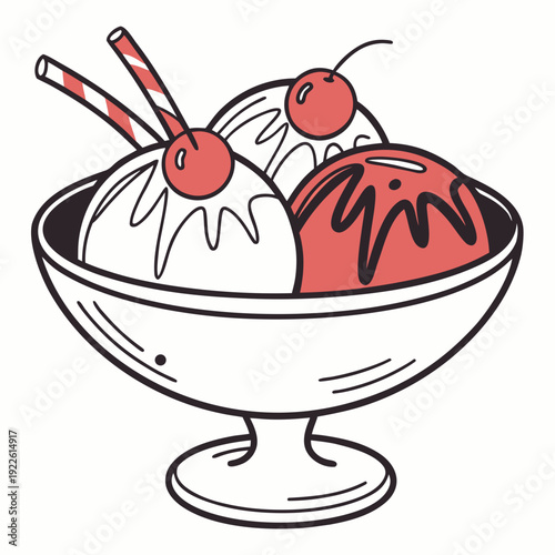 Ice Cream Sundae with Cherries and Wafers - Retro Style