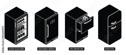Isometric refrigerator collection with glass door, solid door display, drawer unit and retro style fridge
