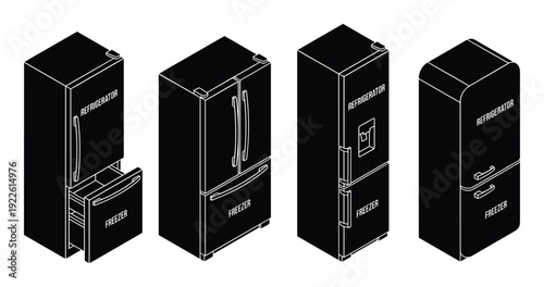 Isometric refrigerators collection, various styles of fridge freezer combos vector illustration