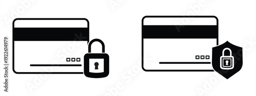 Secure payment thin line icons, vector set featuring credit card protection, shield, padlock, locked, password, and banking card symbols, ideal for apps, websites, fintech, and online transaction desi