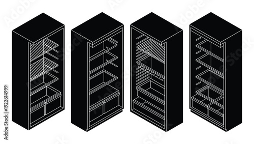 Isometric refrigerators, various configurations, open doors, shelves, drawers perspective view