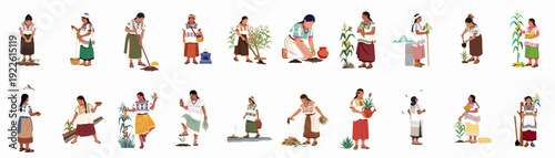 Indigenous women cultivating corn, depicting traditional Mesoamerican agricultural practices and daily life, celebrating cultural heritage and sustenance.