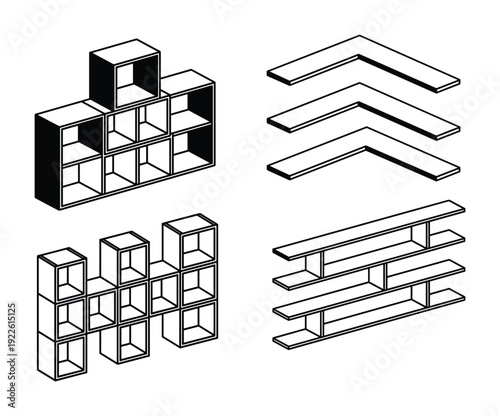 Isometric shelving unit vector illustration. Shelves, modular, wall decor