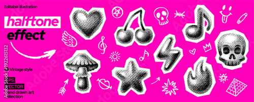 Collage punk music. Halftone art element, grunge punk rock music. Emo Y2k hand drawn doodle and collage halftone heart skull star fire flash lightning. Retro sticker poster. Pop cutout illustration bg