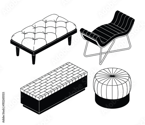 Isometric view furniture set, upholstered bench, lounge chair, ottoman, and brick pattern bench.