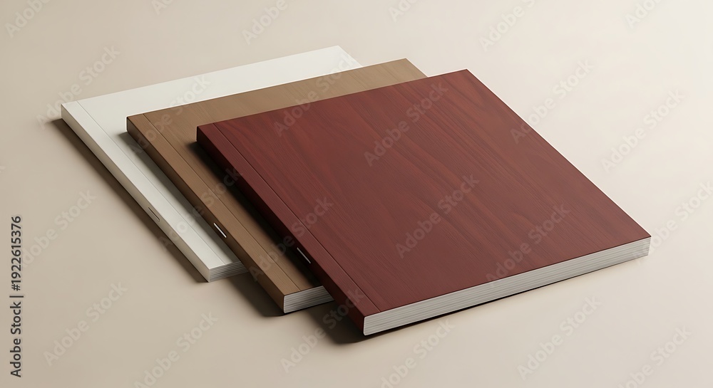 Fototapeta premium Three stacked blank notebooks with different colored covers on a neutral background.