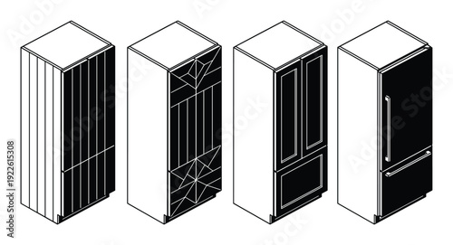 Isometric view of various tall storage cabinets and fridge design