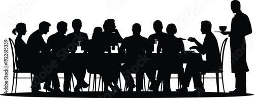 Group of People Dining Silhouette Vector Illustration with Waiter Serving Food at Restaurant Table During Dinner Event on White Background
