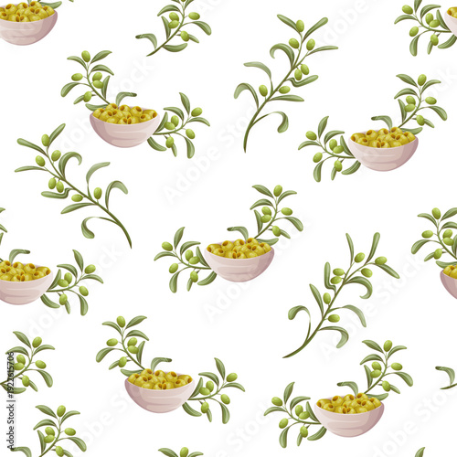 Seamless olives and bowl pattern