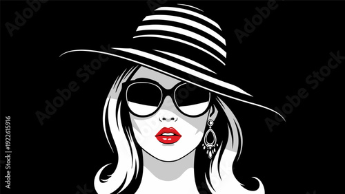 Vector Illustration of Stylish Woman with Hat, Sunglasses, and Red Lips in Glamorous Close-Up