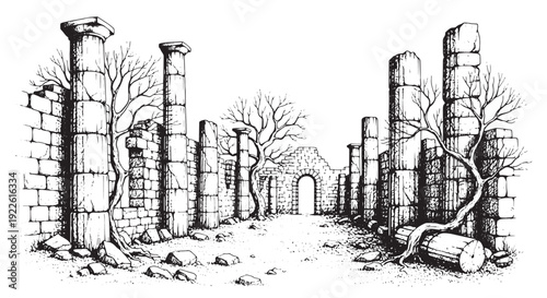 Ancient Temple Ruins with Columns Hand Drawn Sketch