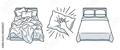 Making bed and fresh pillow, bed making steps illustration
