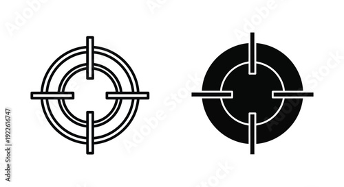 Set of minimalist black and white crosshair and target icons representing precision, strategic focus, and business goal achievement for digital interfaces.