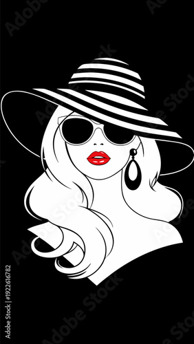 Stylish woman in wide-brim hat and oversized sunglasses, vector illustration with bold hair and red lips showing elegant glamour