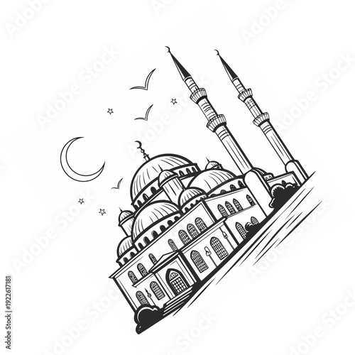 Black and White Line Art of a Grand Mosque at Night with Crescent Moon.