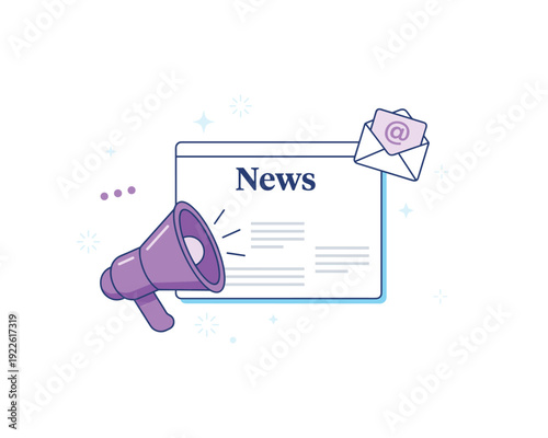 News alert with megaphone and email, information broadcast illustration
