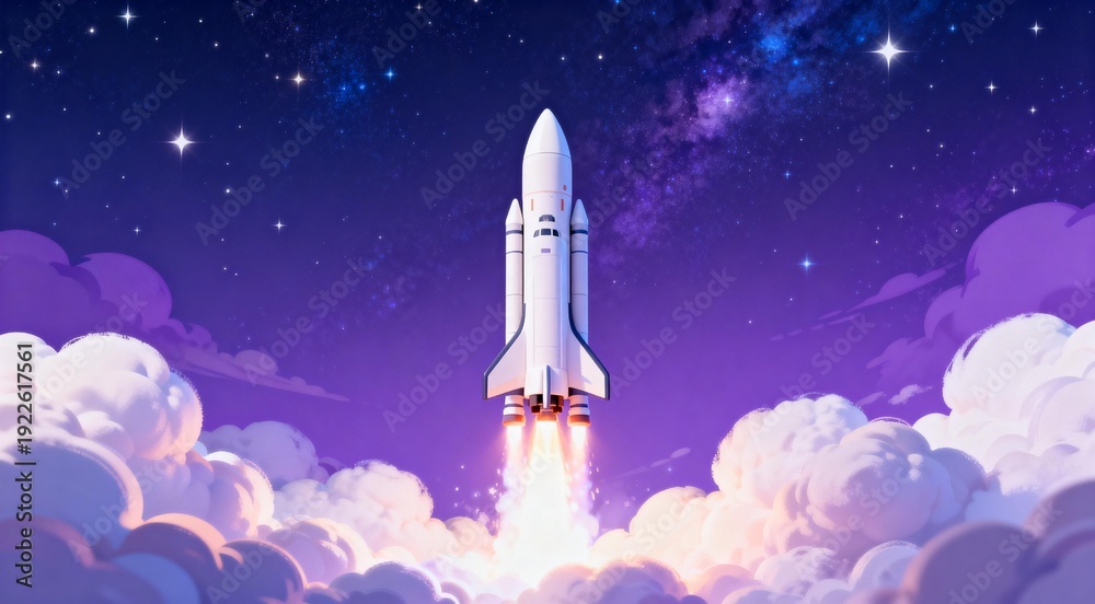 Naklejka premium Rocket Launch Through Clouds in Starry Night Sky