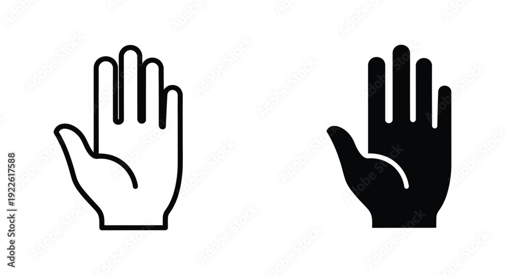 Fototapeta premium Minimalist open palm hand icons in outline and solid silhouette styles, representing a stop gesture, greeting, or high five for user interface design and digital communication.