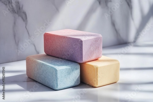 Colorful handmade soap blocks arranged on a marble surface with shadows