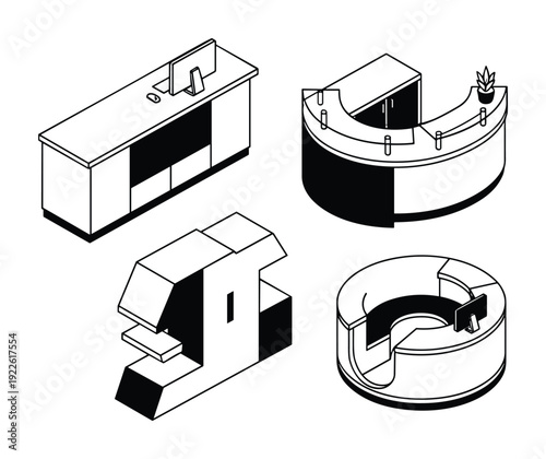 Office furniture isometric illustration with desks and reception counters