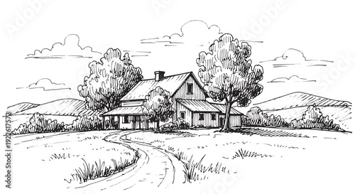 Traditional farmhouse in rural landscape sketch