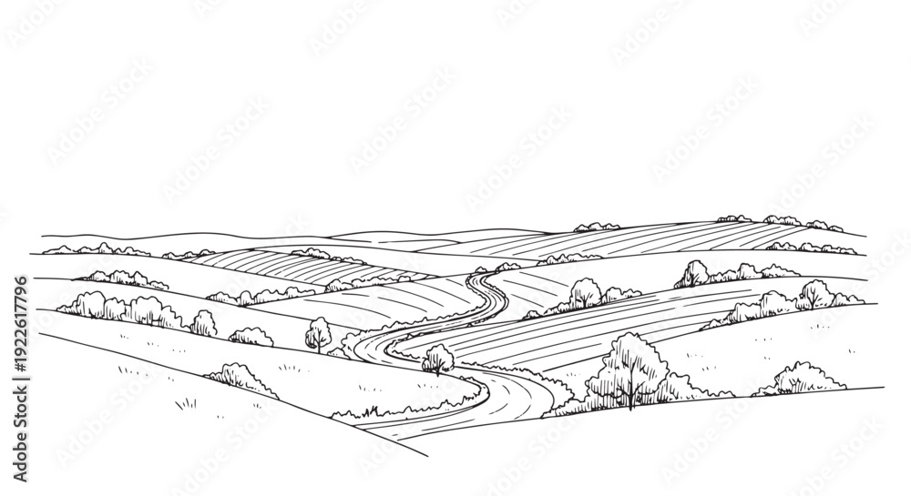 Fototapeta premium Winding Road Through Rolling Hills Sketch