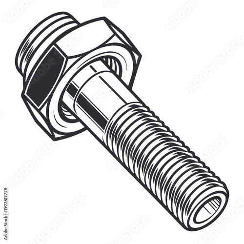 Industrial Metal Bolt and Hex Nut Line Art Illustration Vector