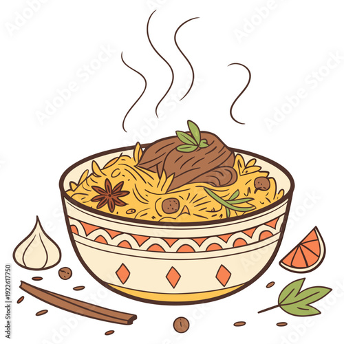 Delicious Steaming Biryani Dish with Aromatic Spices and Meat Illustration
