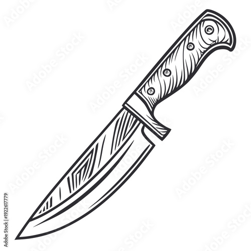 Sharp Hunting or Utility Knife with Wooden Handle Outline Vector Illustration