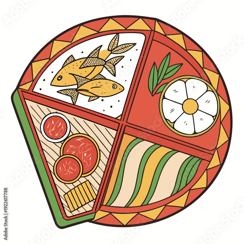 Colorful Traditional African Food Platter with Fish and Vegetables Illustration