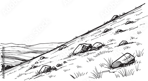 Grassy Hillside with Rocks Line Drawing